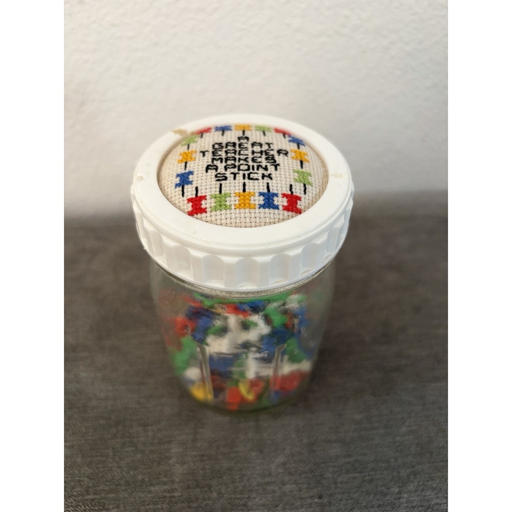 Vintage Quilted Crystal Glass Ball Jar Cross Stitch Tack Holder Teacher Gift